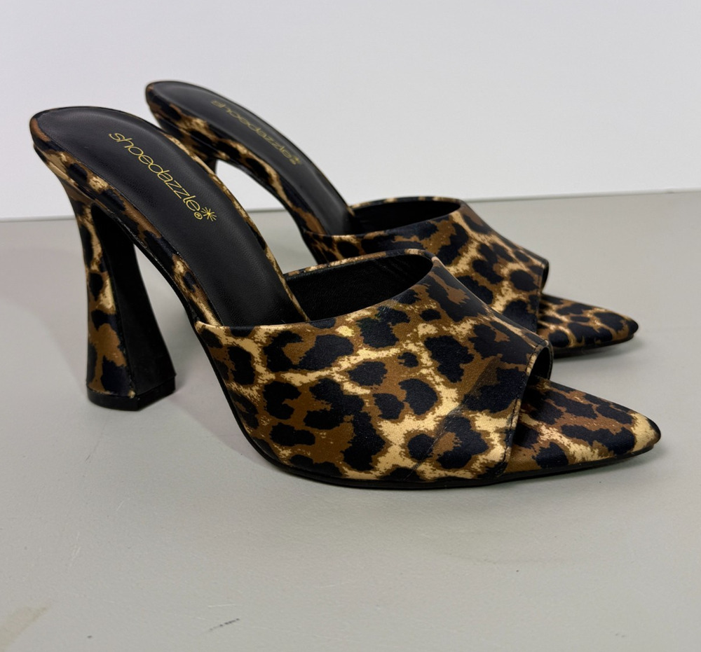 ShoeDazzle JustFab Mira Dark Leopard Satin Heeled Sandals Mules Sz 8 NIB 4 Inch